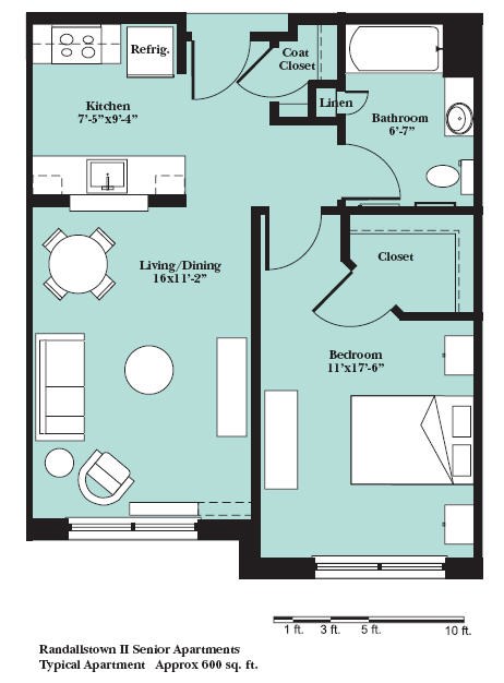 Floor plan for 1 bed, 1 bath
